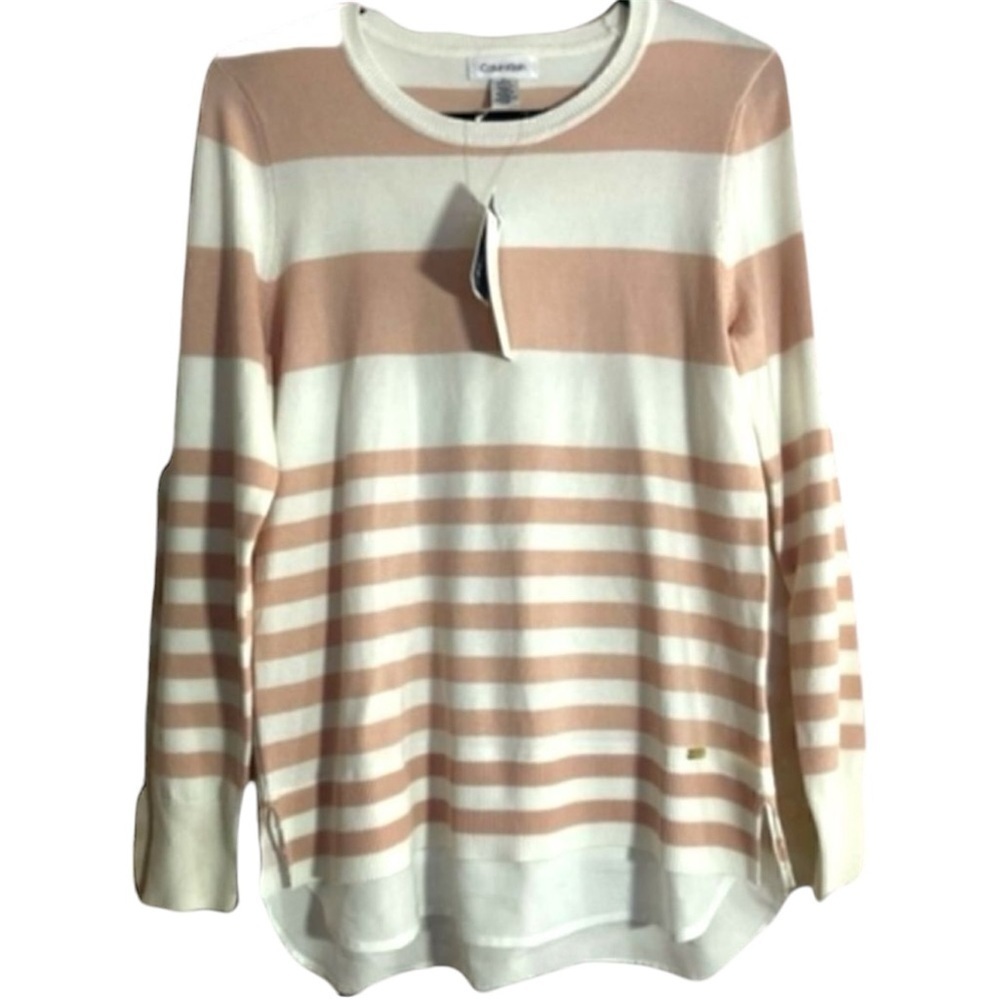 CALVIN KLEIN NWT pink and white long sleeve faux layered top